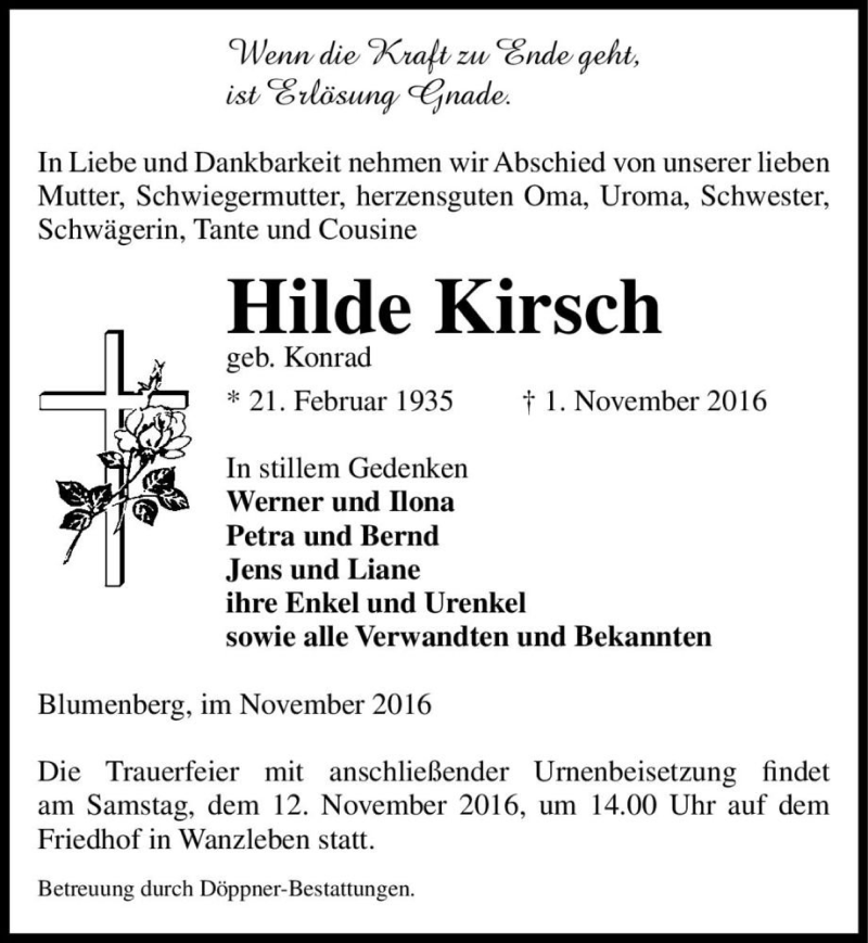  Traueranzeige für Hilde Kirsch (geb. Konrad)  vom 04.11.2016 aus Magdeburger Volksstimme