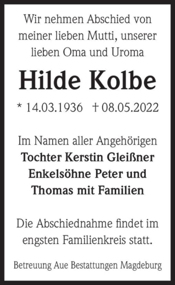 Traueranzeige von Hilde Kolbe  von Magdeburger Volksstimme