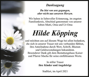 Traueranzeige von Hilde Köpping  von Magdeburger Volksstimme