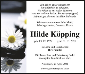 Traueranzeige von Hilde Köpping  von Magdeburger Volksstimme