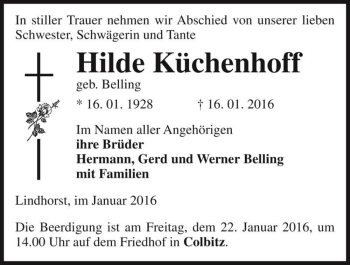 Traueranzeige von Hilde Küchenhoff (geb. Belling)  von Magdeburger Volksstimme