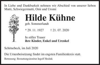 Traueranzeige von Hilde Kühne (geb. Sommerlandt)  von Magdeburger Volksstimme