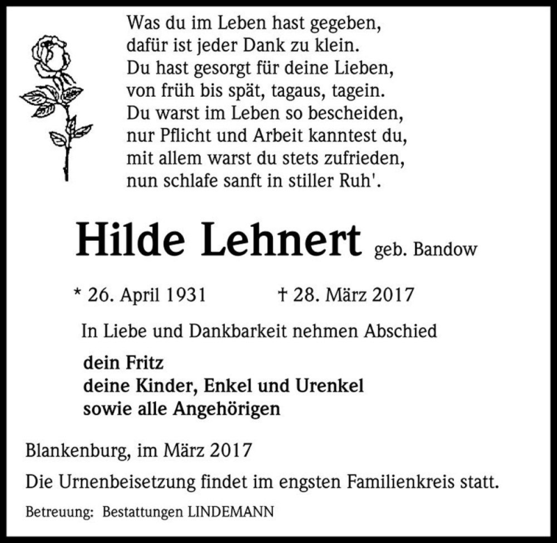  Traueranzeige für Hilde Lehnert (geb. Bandow)  vom 01.04.2017 aus Magdeburger Volksstimme