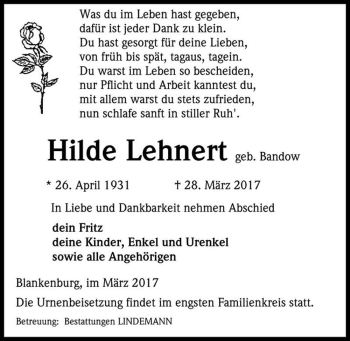 Traueranzeige von Hilde Lehnert (geb. Bandow)  von Magdeburger Volksstimme