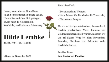 Traueranzeige von Hilde Lembke  von Magdeburger Volksstimme