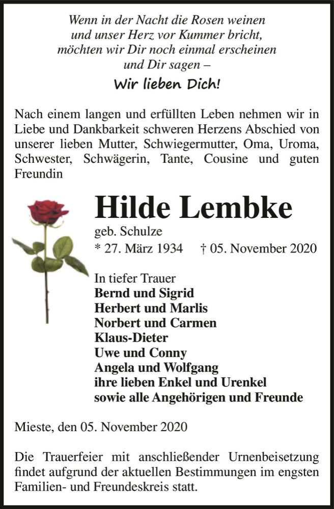  Traueranzeige für Hilde Lembke (geb. Schulze)  vom 10.11.2020 aus Magdeburger Volksstimme