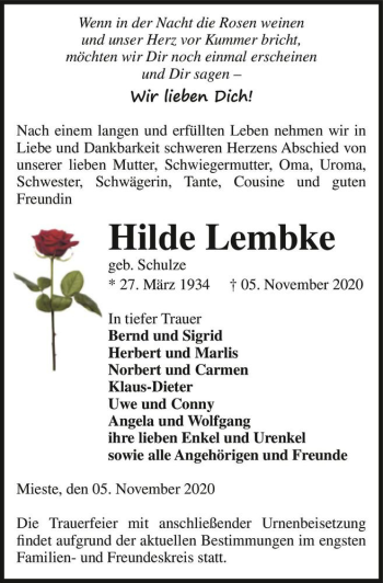 Traueranzeige von Hilde Lembke (geb. Schulze)  von Magdeburger Volksstimme