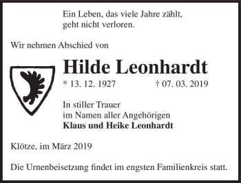 Traueranzeige von Hilde Leonhardt  von Magdeburger Volksstimme