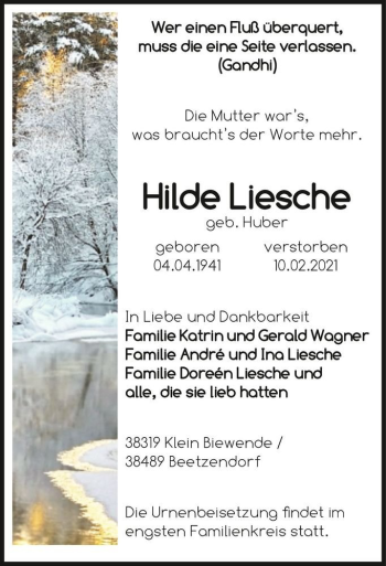 Traueranzeige von Hilde Liesche (geb. Huber)  von Magdeburger Volksstimme