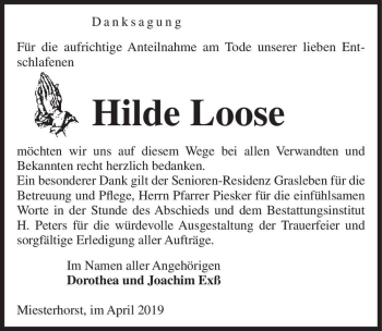 Traueranzeige von Hilde Loose  von Magdeburger Volksstimme