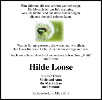 Traueranzeige von Hilde Loose  von Magdeburger Volksstimme