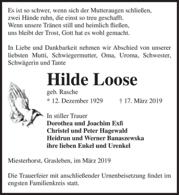 Traueranzeige von Hilde Loose (geb. Rasche)  von Magdeburger Volksstimme