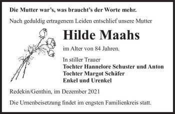 Traueranzeige von Hilde Maahs  von Magdeburger Volksstimme