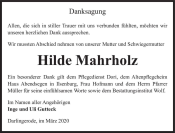 Traueranzeige von Hilde Mahrholz  von Magdeburger Volksstimme