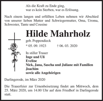 Traueranzeige von Hilde Mahrholz (geb. Poppendieck)  von Magdeburger Volksstimme