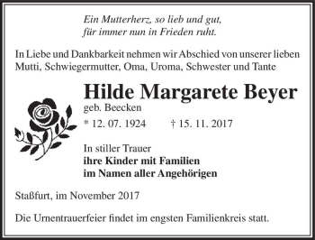 Traueranzeige von Hilde Margarete Beyer (geb. Beecken)  von Magdeburger Volksstimme