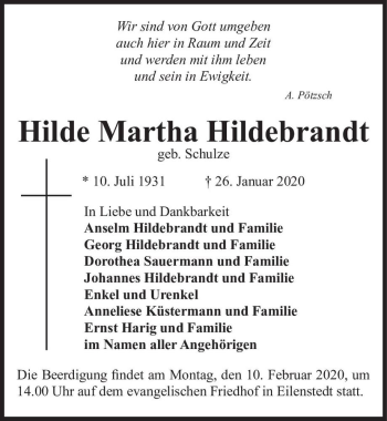 Traueranzeige von Hilde Martha Hildebrandt (geb. Schulze)  von Magdeburger Volksstimme