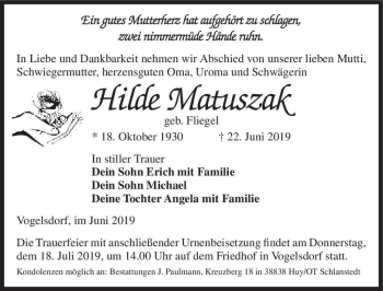 Traueranzeige von Hilde Matuszak (geb. Fliegel)  von Magdeburger Volksstimme
