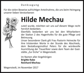 Traueranzeige von Hilde Mechau  von Magdeburger Volksstimme