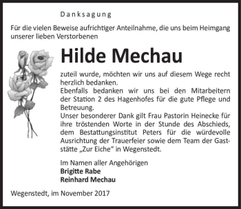 Traueranzeige von Hilde Mechau  von Magdeburger Volksstimme