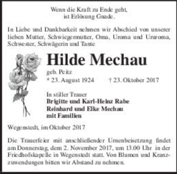Traueranzeige von Hilde Mechau (geb. Peitz)  von Magdeburger Volksstimme