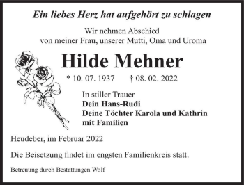 Traueranzeige von Hilde Mehner  von Magdeburger Volksstimme