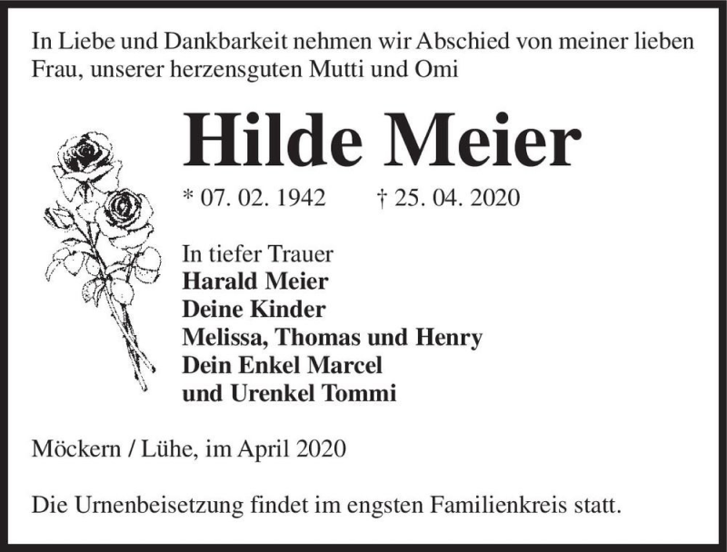  Traueranzeige für Hilde Meier  vom 02.05.2020 aus Magdeburger Volksstimme