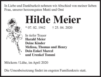 Traueranzeige von Hilde Meier  von Magdeburger Volksstimme
