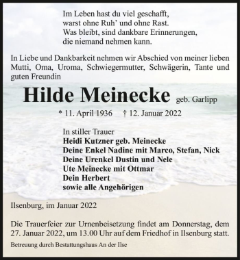 Traueranzeige von Hilde Meinecke (geb. Garlipp)  von Magdeburger Volksstimme