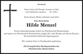 Traueranzeige von Hilde Menzel  von Magdeburger Volksstimme