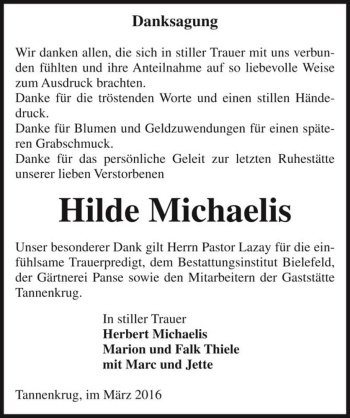 Traueranzeige von Hilde Michaelis  von Magdeburger Volksstimme