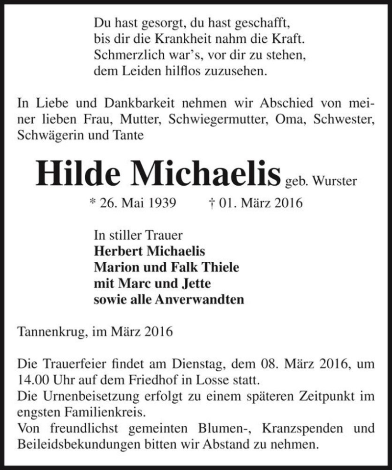  Traueranzeige für Hilde Michaelis (geb. Wurster)  vom 05.03.2016 aus Magdeburger Volksstimme