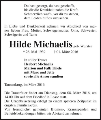 Traueranzeige von Hilde Michaelis (geb. Wurster)  von Magdeburger Volksstimme