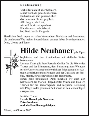 Traueranzeige von Hilde Neubauer (geb. Tippe)  von Magdeburger Volksstimme