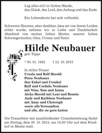 Traueranzeige von Hilde Neubauer (geb. Tippe)  von Magdeburger Volksstimme