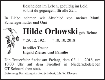 Traueranzeige von Hilde Orlowski (geb. Behne)  von Magdeburger Volksstimme