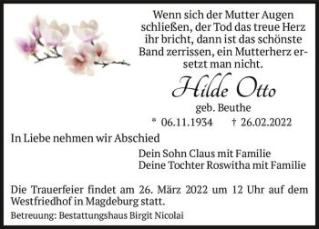 Traueranzeige von Hilde Otto (geb. Beuthe)  von Magdeburger Volksstimme