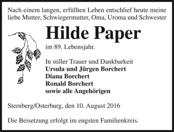 Traueranzeige von Hilde Paper  von Magdeburger Volksstimme