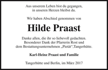 Traueranzeige von Hilde Praast  von Magdeburger Volksstimme