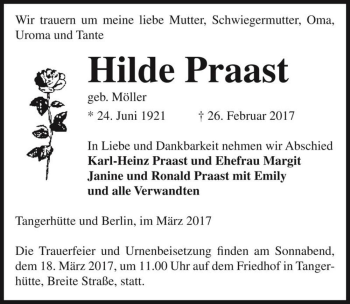 Traueranzeige von Hilde Praast (geb. Möller)  von Magdeburger Volksstimme