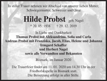 Traueranzeige von Hilde Probst (geb. Nagel)  von Magdeburger Volksstimme