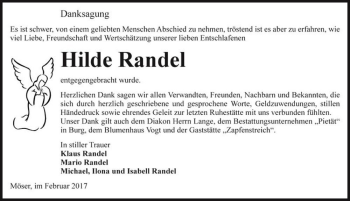 Traueranzeige von Hilde Randel  von Magdeburger Volksstimme