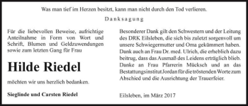 Traueranzeige von Hilde Riedel  von Magdeburger Volksstimme