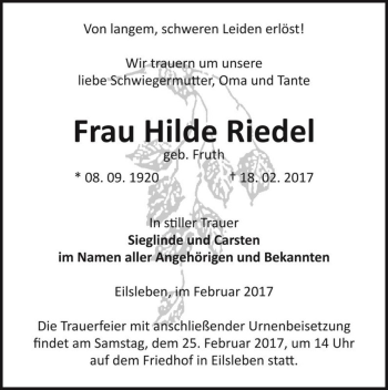 Traueranzeige von Hilde Riedel (geb. Fruth)  von Magdeburger Volksstimme
