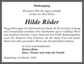 Traueranzeige von Hilde Röder  von Magdeburger Volksstimme