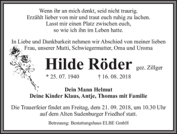 Traueranzeige von Hilde Röder (gez. Zillger)  von Magdeburger Volksstimme