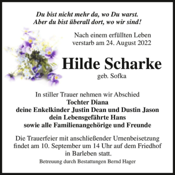 Traueranzeige von Hilde Scharke (geb. Sofka)  von Magdeburger Volksstimme