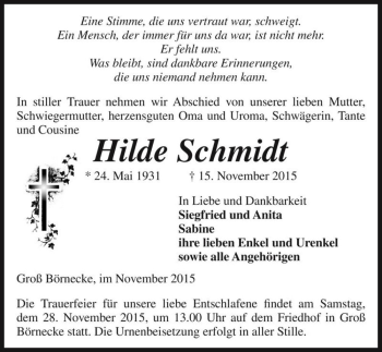 Traueranzeige von Hilde Schmidt  von Magdeburger Volksstimme