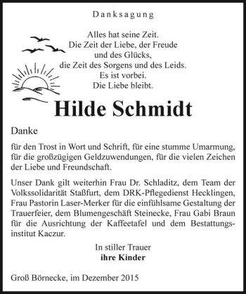 Traueranzeige von Hilde Schmidt  von Magdeburger Volksstimme
