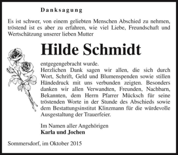 Traueranzeige von Hilde Schmidt  von Magdeburger Volksstimme